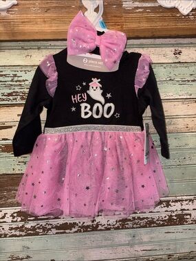 New Baby Starters Hey Boo Pink & Black Ghost Tulle Dress with Headband